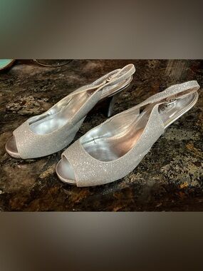Silver Glitter Peep-Toe Slingback Heels - slight platform - 9